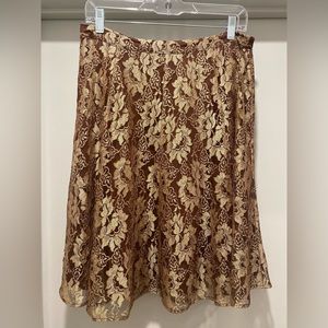 VTG 90s Sunny Taylor Brown & Tan Two-Tone Floral Lace Overlay Knee-Length Skirt